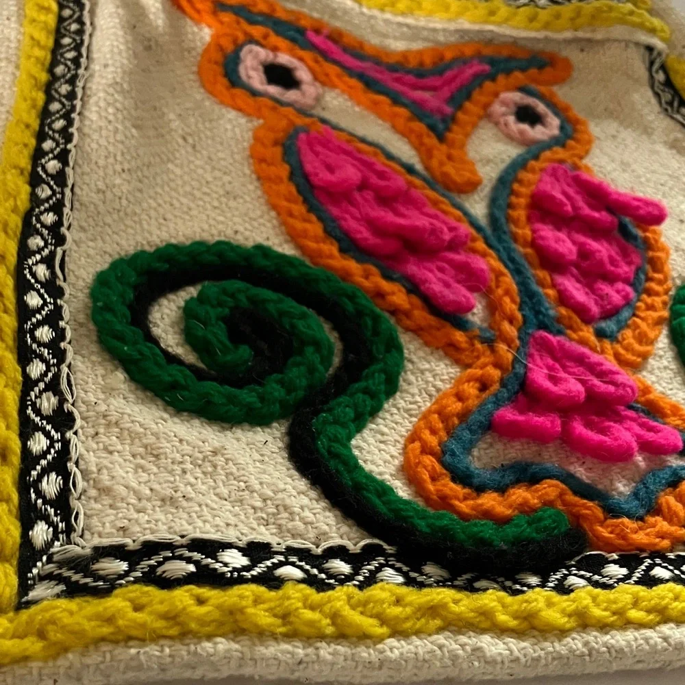 Vintage Owl Design Needlework Crafted Satchel 13x12” Yellow Orange Pink Green‎
